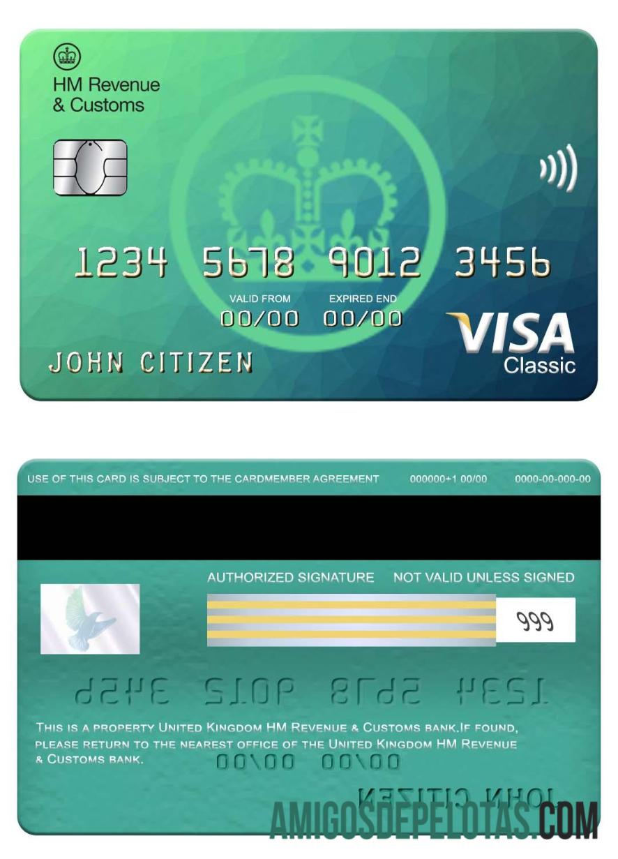 Cartão Visa Classic do Banco HM Revenue & Customs do Reino Unido exemplo real